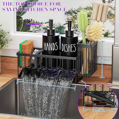 MASADI Kitchen Dish Soap Dispenser Set with Sponge Holder, 12OZ Glass Bottle, Hand and Dish Soap Dispenser Set, Non-Slip Silicone Pad, Brush Holder, Kitchen Sink Organizer Countertop (Black)