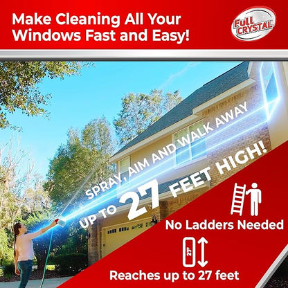 Full Crystal Window Cleaning Kit – 8 oz Glass Cleaner and Bottle with 27 ft Reach, Each 4 oz Bag Makes Up to 640 fl oz, Cleans Up to 40 Windows, Scrub-Free, Rinse-Free