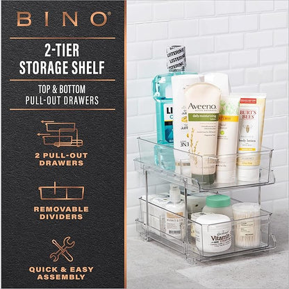 BINO 2 Tier Clear Storage Organizer with Dividers | Slide Out Drawer for Under Sink or Medicine Cabinet | Bathroom Closet, Vanity, Pantry Organizer | Under Cabinet Storage for Bathroom and Kitchen