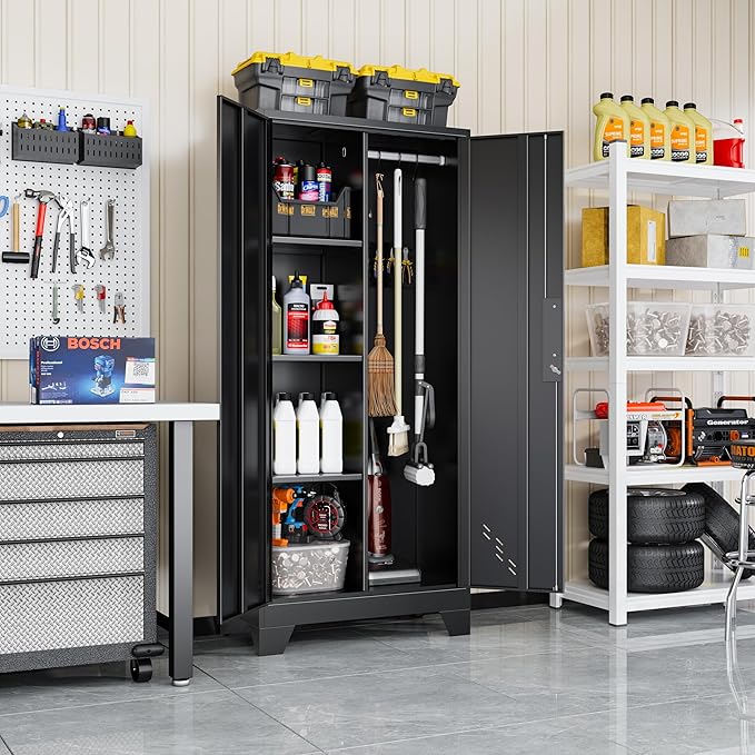 VASAAOSD 61" Broom Closet Storage Cabinet, Metal Storage Cabinet with Doors, Utility Cabinets for Brooms and Mops, Cleaning Tool Cabinets for Garage, Laundry Room, Bathroom