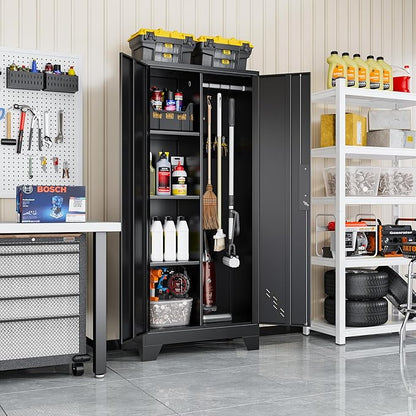 VASAAOSD 61" Broom Closet Storage Cabinet, Metal Storage Cabinet with Doors, Utility Cabinets for Brooms and Mops, Cleaning Tool Cabinets for Garage, Laundry Room, Bathroom