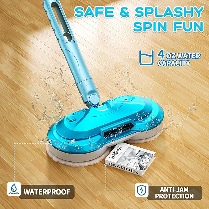 BLAXTEM Kids Electric Spray Spin Mop Toy, Rechargeable Cordless Electric Mop W/ LED Headlight & Water Sprayer for Children Boys & Girls, Cleaning Toy for Pretend Play (Light Blue)