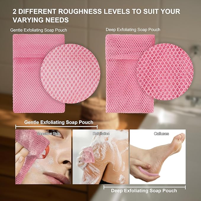2 Pack Soap Bag Deep and Gentle Exfoliating,Bar Soap Pouch Saver Pocket,Body Scrubber Shower Bath Sponge Loofah (Pink)