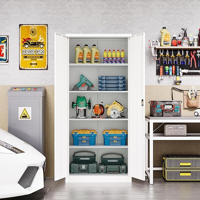 Metal Cabinet,71" Lockable Storage Cabinet with 2 Doors and 5 Adjustable Shelves,Tall Steel Cabinets for Garage,Home Office,Basement,School,Hospital(White)
