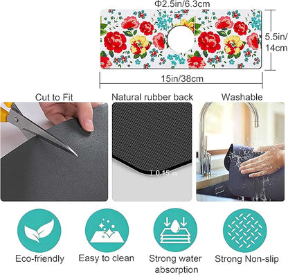 Kitchen Sink Splash Guard Faucet Mat Super Absorbent Fast Drying Mat Sink Gadgets Splash Guard Behind Faucet Drip Catcher for Kitchen (Beautiful Flower, 15x5.5in)