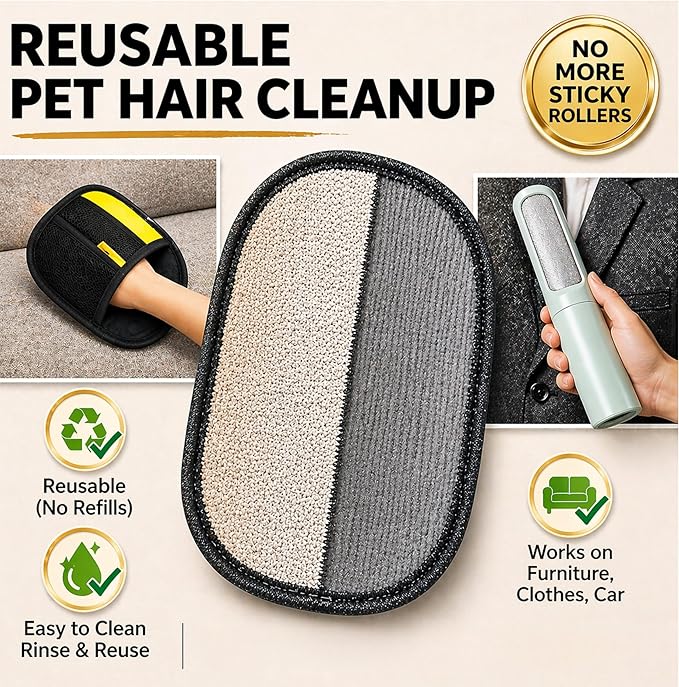 Jaxabby Products Reusable Pet Hair Cleanup Kit – 3-Piece Fabric Hair Remover Set for Clothes, Furniture & Car Interiors – Washable Reusable Lint Roller Alternative (Pastel Blue)
