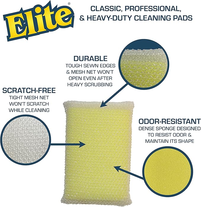 Elite HD (Heavy Duty) All Purpose Cleaning Pad, 12 Pack (Bulk), Non Scratch, Dish Sponge, Scrubber, Made in USA. Large Thick Sponge for Household and Industrial Use. Sized to Grip for Heavy Scrubbing.