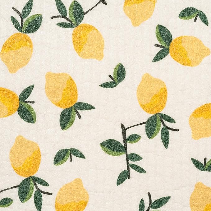 Swedish Dishcloths 4-Pack, Reusable Kitchen Cleaning Cloths, Eco-Friendly Sponges with Citrus Lemon Orange Print, Machine Washable 7.87x6.88 inch