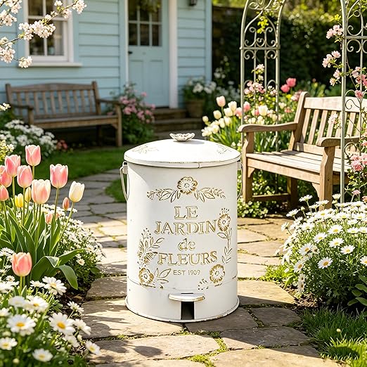 Rustic Farmhouse Decor Trash Can with Lid and Pedal Retro Handmade Distressed Design Pattern Round Garbage Cans Recycling Waste Bin for Home Patio Yard Bathroom Kitchen Garden Living Room White&Gold