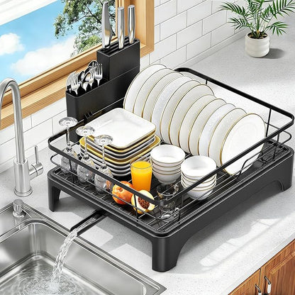 Dish Drying Rack for Kitchen Counter, Dish Rack, Dish Drainer for Kitchen with Built-in Drain, Stainless Steel Sink Organization and Storage Essentials with Cutlery Holder (17" x 13.4", Black)