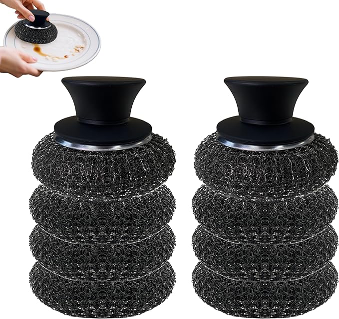 8Pcs Stainless Steel Wool Scrubber with 2 Silicone Handles, Scouring Brush for Cleaning Dishes, Pots, Pans, Grills, and Sinks(Black)