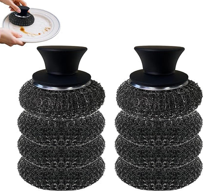 8Pcs Stainless Steel Wool Scrubber with 2 Silicone Handles, Scouring Brush for Cleaning Dishes, Pots, Pans, Grills, and Sinks(Black)