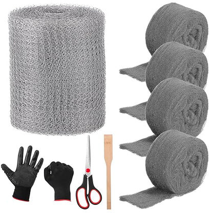 Steel Wool for Mice Control Mesh Rodent Control Kit 1 Pack Rustproof Mesh Roll and 0000 Steel Wool Mouse Hole Filler with Gloves, Scissors for House Garden Home Garage(5in X 19.7ft)