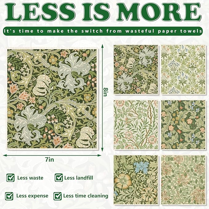 JarThenaAMCS 6 Pcs William Morris Swedish Dishcloths Vintage Greenery Floral Kitchen Towels Botanical Reusable Cotton Absorbent Dish Towels for Home Housewarming Cleaning, 7 x 8 Inch