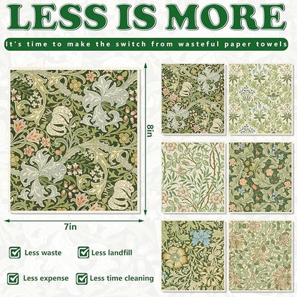 JarThenaAMCS 6 Pcs William Morris Swedish Dishcloths Vintage Greenery Floral Kitchen Towels Botanical Reusable Cotton Absorbent Dish Towels for Home Housewarming Cleaning, 7 x 8 Inch