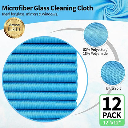 Microfiber Glass Cleaning Cloth, 12 Pack Window Glass Cleaning Rags, Reusable Lint-Free Streak Free Polishing Cloth Wipes for Stainless Steel, Eyeglasses, Mirrors, Screens & Lenses,12" 12"