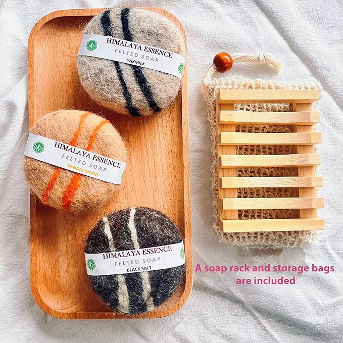 Handmade Felted Soap with Tibetan Yak Milk & Wool - Natural Exfoliating Bar for Face & Body, 6 Scents, Includes Bamboo Dish & Travel Pouch (Jasmine)