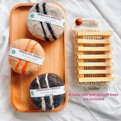 Handmade Felted Soap with Tibetan Yak Milk & Wool - Natural Exfoliating Bar for Face & Body, 6 Scents, Includes Bamboo Dish & Travel Pouch (Jasmine)