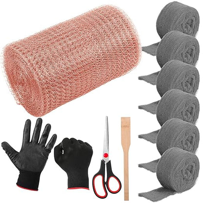 Copper Mesh Rodent Control Kit 1 Pack Rustproof Mesh Roll and 0000 Steel Wool Mouse Hole Filler with Gloves, Scissors for House Garden Home Garage(5in X 29.5ft)
