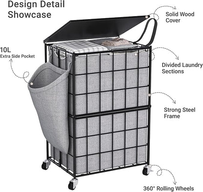 90L Laundry Basket with Wheels, Large Capacity Laundry Hamper with Removable Liner Bags, Heavy Duty Laundry Sorter with Solid Wood Lid & Leather Handles, Grey