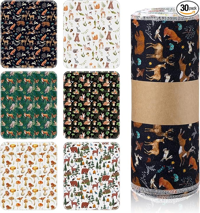 Redbaker 30 Pcs Reusable Paper Towel Paperless Towel with Cardboard Roll Reusable Cloth Paper Napkins for Kitchen Washable Napkins Fit on All Holder Roll Home Household Clean(Animal,10 x 12 in)