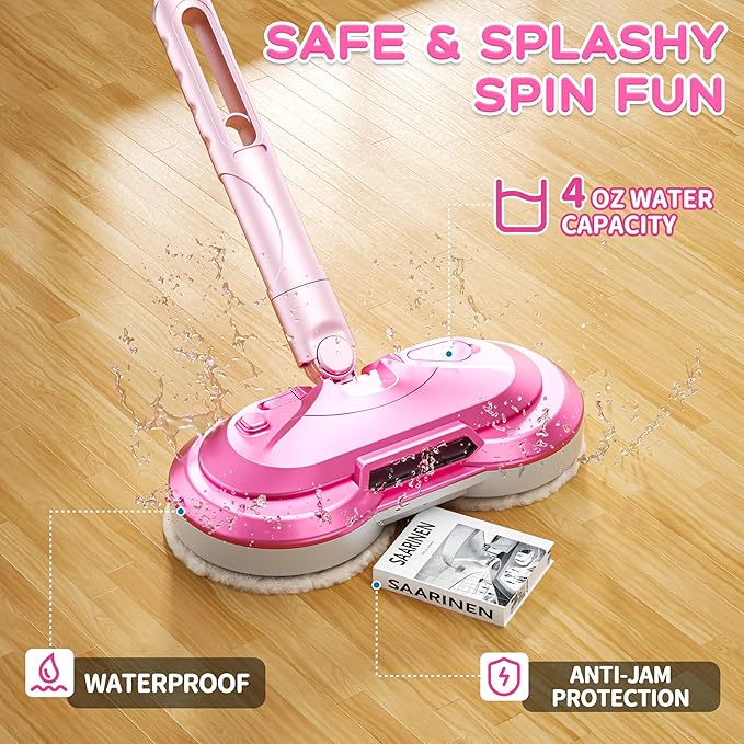 BLAXTEM Kids Electric Spray Spin Mop Toy, Rechargeable Cordless Electric Mop W/ Water Sprayer & LED Headlight for Children Girls & Boys, Cleaning Toy for Pretend Play (Pink)