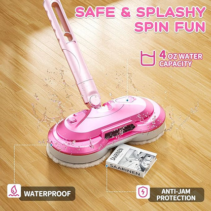 BLAXTEM Kids Electric Spray Spin Mop Toy, Rechargeable Cordless Electric Mop W/ Water Sprayer & LED Headlight for Children Girls & Boys, Cleaning Toy for Pretend Play (Pink)