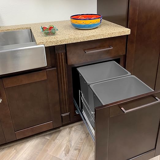 Rok Hardware Soft Closing Undermount Kitchen Cabinet Heavy Duty Pull Out Organizer Trash and Recycling Center with Gray Finish Dual 36 Quart Capacity Waste Recycle Bins Garbage Can, ROKRECYCLE3GRY