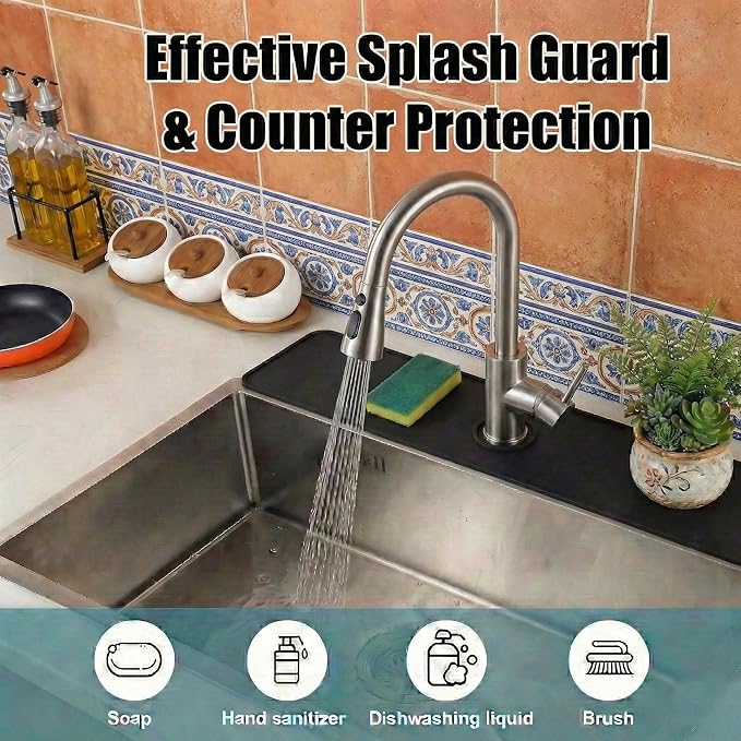 Customizable Kitchen Sink Faucet Mat: 30"Lx5.5"W Bathroom Counter Protector Drip Catcher - Splash Guard with Pre-Cut Center Hole, Trimming to Fit 2 & 3 Hole Faucet & Irregular Sink with Soap Dispenser