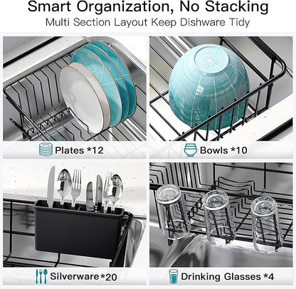 Dish Drying Rack Over the Sink In Stainless Steel Black Expandable Drainer for Small Kitchen, Counter Space Saving Compact Inside Sink Plate Dryer, Adjustable Hanging Metal Wire Strainer Drain Holder