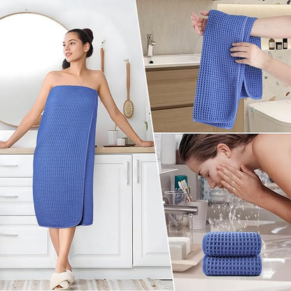 POLYTE 430 GSM Microfiber Quick Dry Lint Free Oversize Bath Towel Set, 6 Piece (Waffle Weave)