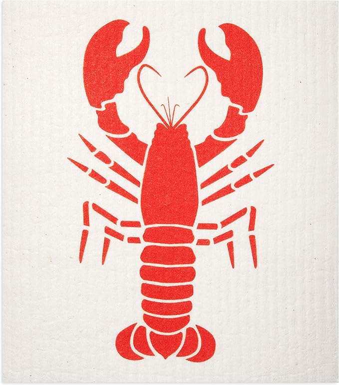 Swedish Dishcloths 2-Pack, Super Absorbent Reusable Cellulose Sponge Cloths, Eco-Friendly Kitchen Cleaning Towels, Machine Washable, with Red Lobster Print, 7.87x6.88 inch