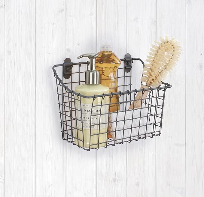Spectrum Large Wall Mounted Wire Basket Industrial Gray Kitchen Wall Mount Organizer Storage Basket, Wire Basket for Kitchen Bathroom Pantry Organization, Wall Hanging Wire Caddy for Modern Homes