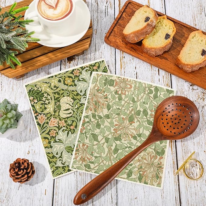 JarThenaAMCS 6 Pcs William Morris Swedish Dishcloths Vintage Greenery Floral Kitchen Towels Botanical Reusable Cotton Absorbent Dish Towels for Home Housewarming Cleaning, 7 x 8 Inch