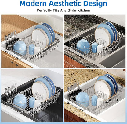 romision Expandable Dish Drying Rack Over The Sink Small Metal Stainless Steel Plate Holder for Compact Kitchen, Space Saving Modern Silver Hanging Drainer