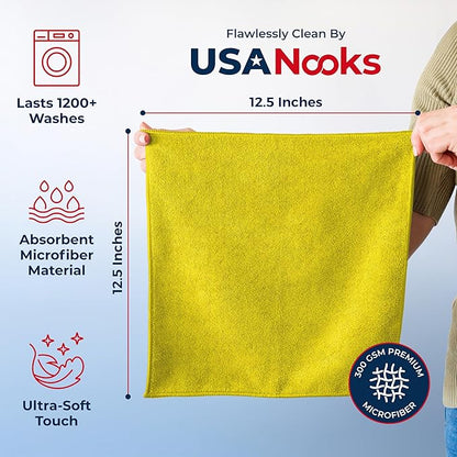 USANOOKS Microfiber Cleaning Cloth Yellow - 24 Pcs 12.5"x12.5" - High Performance - 1200 Washes, Ultra Absorbent Towels Weave Grime & Liquid for Streak-Free Mirror Shine - Car Washing Cloth