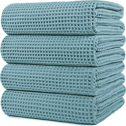 POLYTE 430 GSM Microfiber Oversize Quick Dry Lint Free Bath Towel, 60 x 30 in, 4 Pack (Waffle Weave)