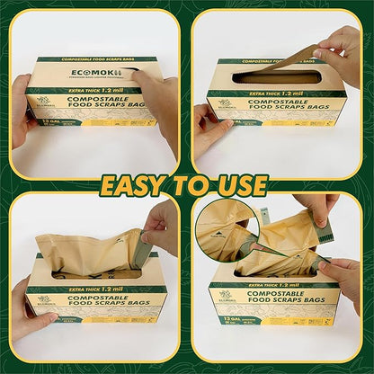 EcoMokii 13 Gallon Compostable Trash Bags with Drawstring, 30 Count, 49.2 Liter, 1.2 Mil Heavy Duty Extra Thick Large Kitchen Garbage Bin Liners, Compost Food Scraps Bag, BPI (ASTM D6400)