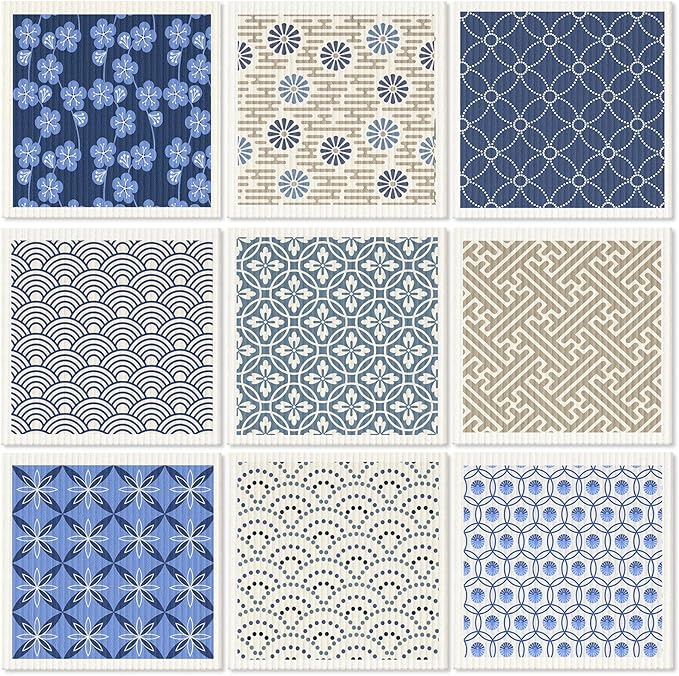 Cunhill 9 Pcs Swedish Kitchen Dishcloths Absorbent Swedish Dish Towels Blossoms Flower Soft Reusable Towels Cleaning Sponge Cloth Quick Drying Kitchen Dish Rags(Japanese)