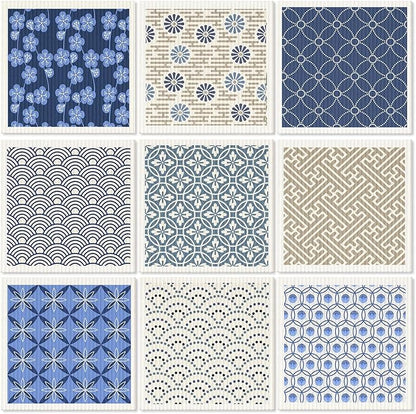 Cunhill 9 Pcs Swedish Kitchen Dishcloths Absorbent Swedish Dish Towels Blossoms Flower Soft Reusable Towels Cleaning Sponge Cloth Quick Drying Kitchen Dish Rags(Japanese)