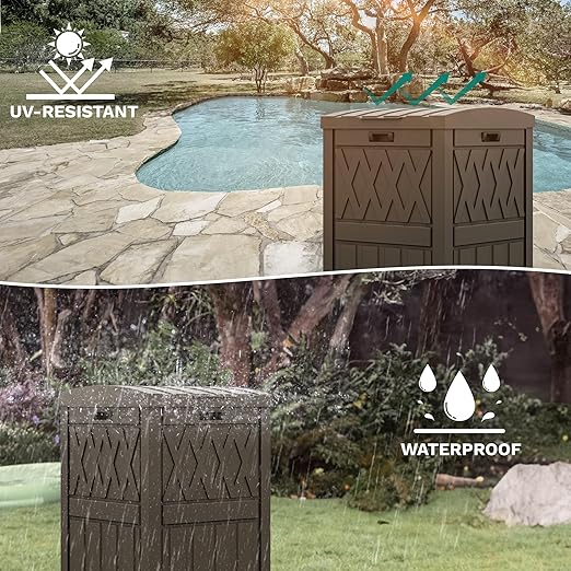 YITAHOME Outdoor Trash Bin with Layered Lid & Drip Tray 33 Gallon, Resilient Waterproof Garbage Can for Kitchen, Patio, Deck, Backyard, Dark Brown