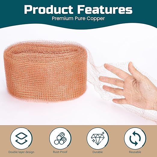 Copper Mesh Rodent Control, 4in x 120ft Rustproof Pure Copper Mesh Roll for Slug Snail Mice Control, Ideal for Blocking Holes in Walls Vents, Plus Packing Tool for Easy Installation