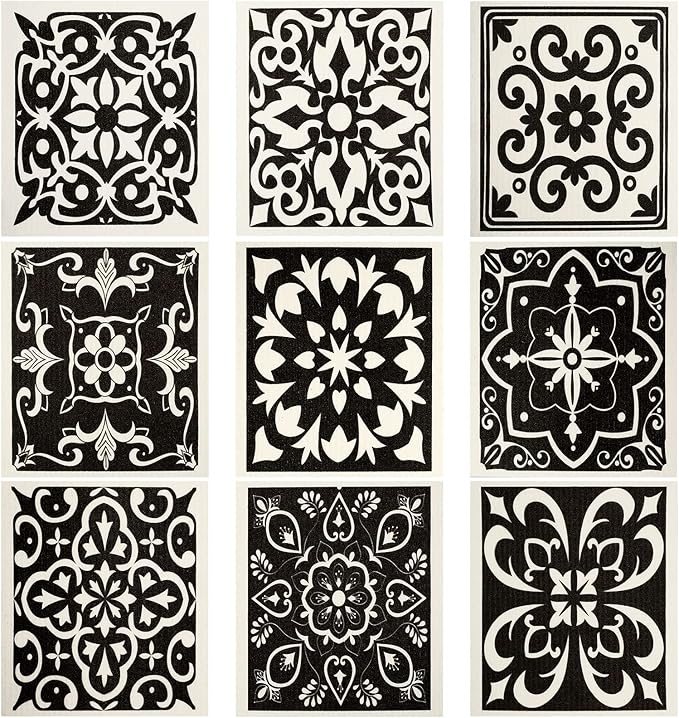 WILLBOND 9 Pieces Black Print Swedish Kitchen Dishcloths Reusable Absorbent Hand Towels Sponge Cloth for Kitchen Baking Cooking Home Decoration Christmas Holiday Housewarming Gift