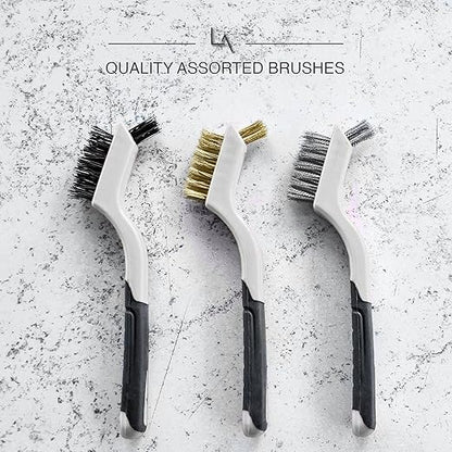 Lavaxon Wire Brush Set 3Pcs - Nylon/Brass/Stainless Steel Bristles with Curved Handle Grip for Rust, Dirt & Paint Scrubbing with Deep Cleaning – 7 Inches (Grey)