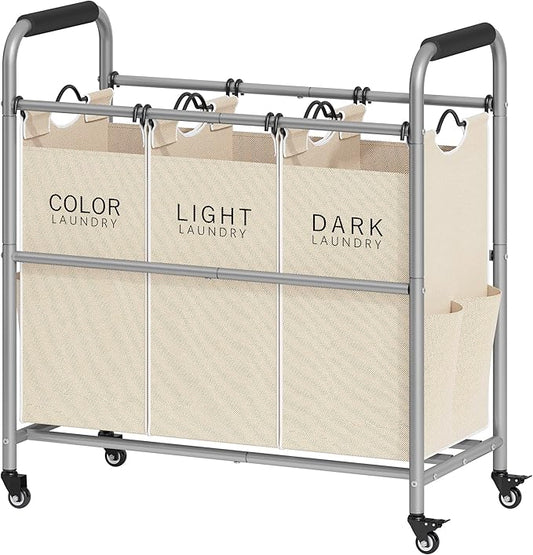 Tajsoon 3 Bag Laundry Sorter Cart, Laundry Hamper Sorter Basket with Heavy Duty Lockable Rolling Wheels for Clothes Storage, Beige