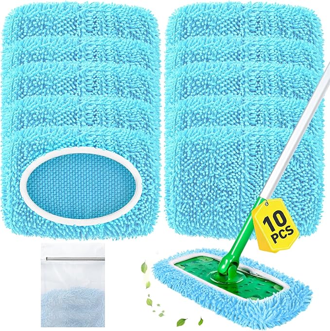 Reusable Microfiber Mop Pads Compatible with Swiffer Sweeper Mop, Washable Wet Pads Refill & Chenille Dry Sweeping Cloths for Use on All Sealed Floors - Wood, Laminate, Stone & Tile (10 Coral Blue)