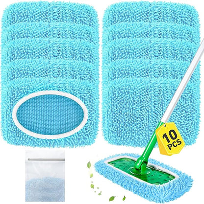 Reusable Microfiber Mop Pads Compatible with Swiffer Sweeper Mop, Washable Wet Pads Refill & Chenille Dry Sweeping Cloths for Use on All Sealed Floors - Wood, Laminate, Stone & Tile (10 Coral Blue)