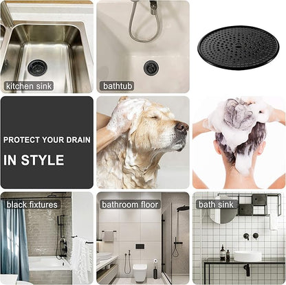 304 Stainless Steel Hair Catcher Shower Drain Cover with Silicone, Shower Stall Drain Strainer, Bathtub Hair Stopper, Bathroom Hair Trap Floor Drain Protector, Matte Black 4.33 Inches Round Flat