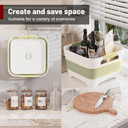 MontNorth 2.4 Gal Collapsbile Wash Basin with Drian Plug,9L Dish Pan for Soaking Baby Bottles,Portable Sink, Multiuse Foldable Bucket,Ice Beverage Tubs for Camping, Vegetable Washing, RV (Green)