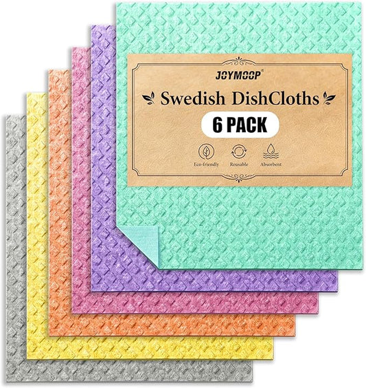 JOYMOOP Swedish Dishcloths, Cellulose Cotton Sponge Cloths, Multicolor, 8x7 Inches, 6 Pack, Diamond Pattern, Super Absorbent, Quick Dry, Odor Resistant, Lint Free, Scratch Free